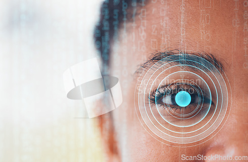 Image of Cybersecurity, woman and eye scan portrait for facial recognition and biometric check. Identity scanner, retina monitoring and security system for protection and verification of face with overlay