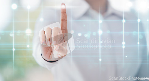 Image of Finger, interface hologram and business person with hand gesture for biometrics, digital scan and ui. Corporate, overlay and person with fingerprint for user experience, cybersecurity and touchscreen
