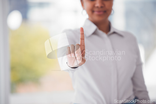 Image of Finger, user interface and business woman in office with hand gesture for biometrics, digital scan and ui. Mockup, point and person with fingerprint for user experience, cybersecurity and touchscreen