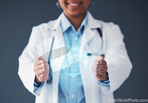 Image of Globe, hologram and hands of doctor for network, biometrics and website for telehealth. Futuristic, healthcare mockup and person with world overlay for digital scan, clinic ux and medical research