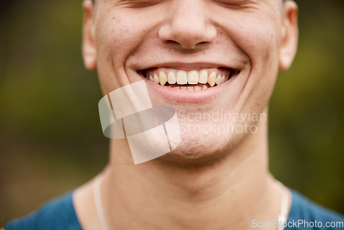 Image of Closeup, smile and mouth of a man on bokeh for oral hygiene, tooth cleaning and dentistry. Happy, face and a person showing results or progress of teeth whitening or dental care from a treatment