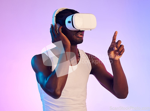 Image of Virtual reality, headphones and black man press on screen, future technology and holographic on purple background. 3D, high tech and VR, metaverse and digital world in studio with cyber and audio