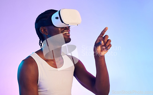 Image of Virtual reality, digital world and black man press on screen, future technology and holographic on gradient background. UX, 3D and high tech with VR, metaverse and scifi in studio with cyber space