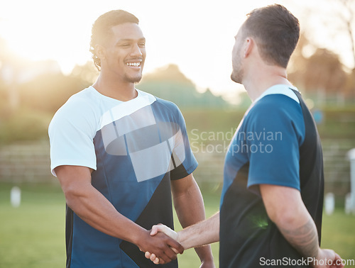 Image of Cheerleader handshake, field and happy people, team or men greeting, thank you and welcome to sports teamwork competition. Cheerleading agreement, partnership smile and dancer shaking hands on pitch