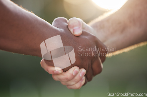 Image of Handshake, partnership and trust, support and solidarity with congratulations or thank you. Introduction, success and team of people shaking hands, welcome in community with collaboration in meeting
