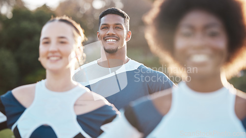 Image of Cheerleader team, happiness and field people ready for sports competition support, dance or outdoor routine. Cheerleading, group smile and dancer performance, teamwork practice or fitness contest