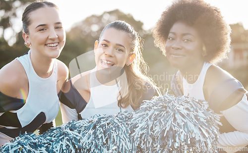 Image of Cheerleader, sports and portrait of women for performance, dance and motivation for game. Teamwork, dancer and happy people in costume cheer for support in match, competition and sport event outdoors