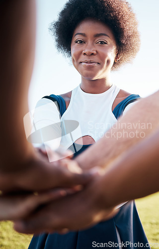 Image of Cheerleader team, hands together and portrait of happy woman in sports competition support, dance cooperation or routine. Cheerleading, group solidarity and dancer teamwork, unity or commitment trust