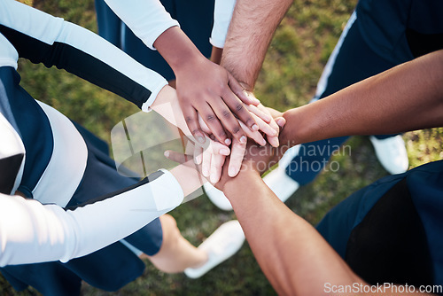Image of Hands, together and people in sports huddle for support and solidarity in athlete team with top view. Fitness group outdoor, collaboration and trust, mission in partnership synergy and game plan