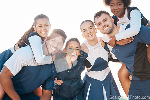 Image of Cheerleader team, sports and portrait of people for performance, dance and motivation for game. Teamwork, dancer and excited group cheer for support in match, competition and sport event outdoors