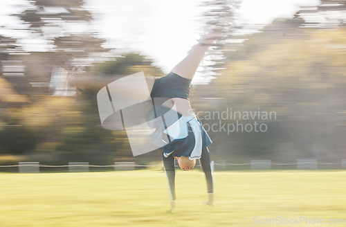 Image of Cheerleader routine, cartwheel and field person exercise, action and training for sports competition, dance or contest. Cheerleading, fast motion blur and dancer performance, practice or rehearsal