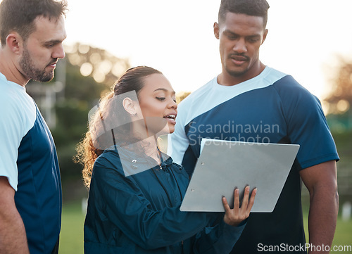 Image of Coach, sports and woman with notebook for team training, exercise and workout schedule outdoors. Fitness, teamwork and trainer with men and notes for planning game strategy, match and competition