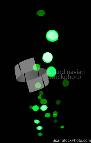 Image of Bokeh, neon green lights on black background and dots with pattern, texture and mockup with cosmic aesthetic. Night lighting, sparkle particles and glow on dark wallpaper with space, shine and flare.