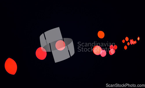 Image of Bokeh, red lights and dark wallpaper with pattern, texture and mockup with cosmic dots aesthetic. Night lighting, sparkle particles and glow on black background with space, color shine and flare.