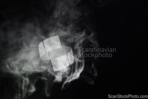 Image of Smoking, cigarette and dark or black background with pattern, texture and mockup for abstract art of gas or cloud design. Vape, fog or smoke clouds in air pollution, texture or danger in empty studio