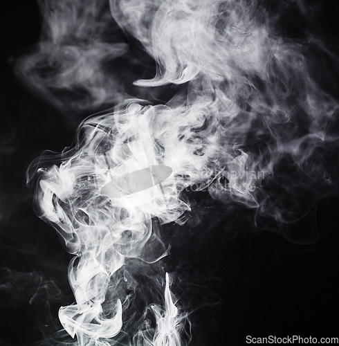 Image of Vape, white pattern and smoke on black background with texture, mockup and abstract art or creative gas design. Cloud of cigarette, smoking and fog in air, wind or dry ice for empty or dark wallpaper