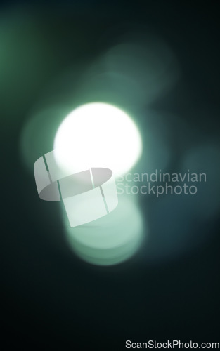 Image of Bokeh, neon and light on black wallpaper with pattern, texture and mockup with cosmic aesthetic. Night lighting, sparkle particles and glow on dark background with space, color shine and lamp flare.