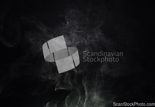 Image of Smoke, black background and incense, fog or gas on mockup space wallpaper. Cloud, smog and magic effect on dark backdrop of steam with abstract texture, pollution pattern or mist vapor moving in air