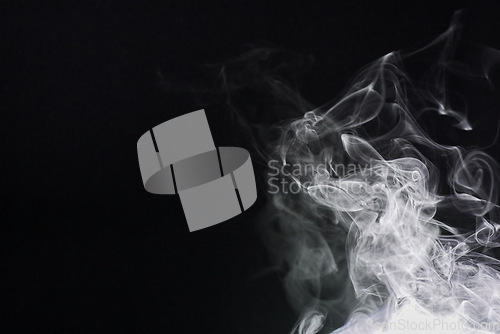 Image of Smoke, dark background and mist, fog or gas on mockup space wallpaper. Cloud, smog and magic effect on black backdrop of steam with abstract texture, dry ice pattern or vapor of incense moving in air