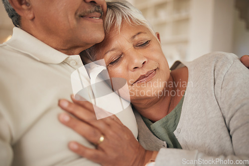Image of Face, senior woman or hug man in home for love, care and calm together for romance, retirement or marriage. Elderly couple embrace in loyalty, commitment or relax to support partner, trust or comfort