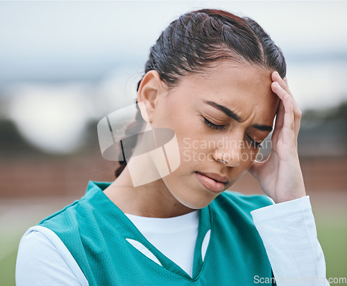 Image of Sports, headache or face of woman on hockey field for fitness, exercise or workout challenge. Tired girl, stress anxiety or sick athlete with migraine, injury or head pain frustrated by training