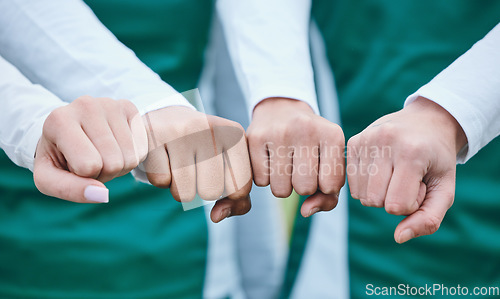 Image of Celebration, closeup and team with support, fist bump and motivation with competition success, workout and winning. Hands together, group and people with match, fitness and solidarity with exercise