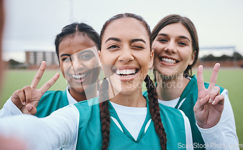 Image of Sports selfie, girl team and peace sign on field for memory, competition and portrait for fitness. Women group, photography and wink on social network with emoji, v icon and diversity for hockey game