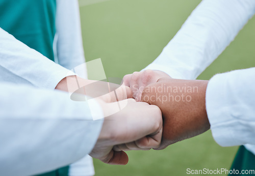 Image of Exercise, closeup and people with support, fist bump and motivation with competition success, sports or fitness. Hands together, group and teamwork with match, celebration and workout with solidarity