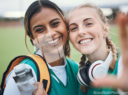 Image of Selfie, portrait or hockey team in a game with support in sports training, exercise or fitness workout. Women, teamwork or happy people in a social media picture or group photo with smile in a match