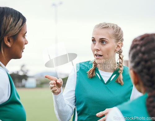 Image of Sports, hockey team and women planning strategy outdoor at field together for competition training. Fitness, group of girls and discussion for game, collaboration for workout and exercise at park