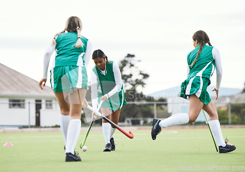 Image of Hockey, group and women with fitness, game and training with competition, wellness and workout. People, players and girls playing, equipment or practice on a field, exercise and support with teamwork
