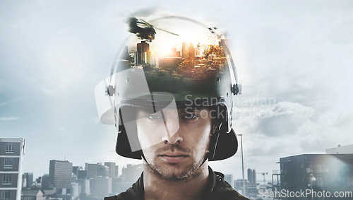 Image of Soldier man, army and double exposure for war, city and helicopter with explosion, sad and stress in portrait. Warrior, hero and military service agent in helmet, bomb and warzone in Ukraine conflict
