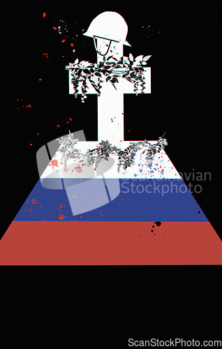 Image of Soldier, grave and death in military battle with blood drops, flowers and memorial with black background. American flag, veteran and funeral with celebration in graveyard, mourning and sad of war