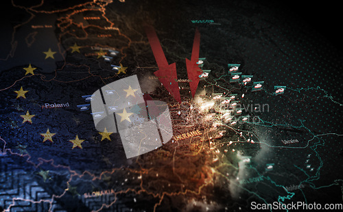 Image of Ukraine map, war and satellite for Europe flag, arrow illustration and target in conflict with Russia. Global battlefield, warzone and fight for human rights, politics or freedom with double exposure