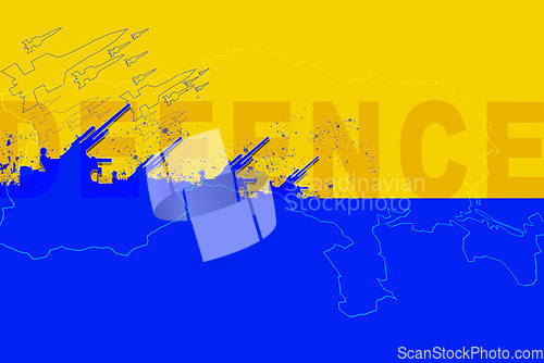 Image of Ukraine flag, missile launch or conflict with Russia for freedom, justice and human rights with machine weapon. Bomb, shooting and war with gun, military or army illustration in service for country