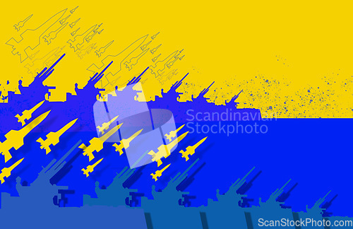 Image of Ukraine flag, missile launch or war with Russia for freedom, justice or human rights with machine weapon. Bomb, shooting or drone strike with gun, military or army illustration in service for country