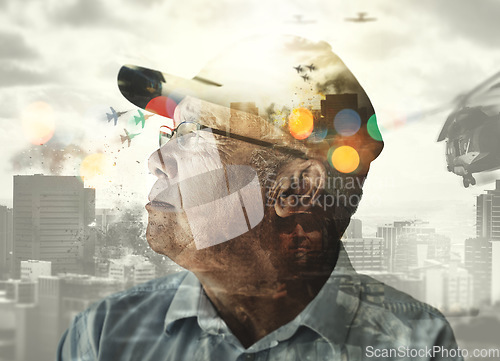 Image of Overlay, bokeh and army man with thinking in city, explosion and warzone for world domination. Military, fighter aircraft and soldier at missile launch with nucleur weapon and battlefield in action