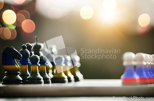 Image of Chess, Ukraine and Russia flag for war, strategy or overlay for combat, battle or fight with bokeh. Global conflict, military games and international warzone for freedom, mockup space or human rights