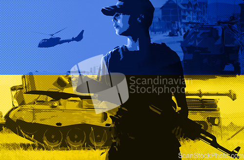 Image of Soldier man, gun and double exposure for Ukraine flag, war and fight for human rights, freedom or justice. Military service agent, tank and helicopter for conflict, shooting and apocalypse in warzone