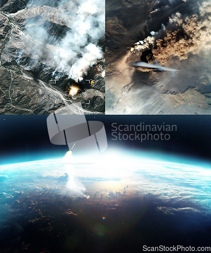 Image of Missile launch, earth and aerial view from space for war, bomb and global conflict in apocalypse. Rocket, nuclear weapon and drone strike from army, military and warzone with explosion on landscape