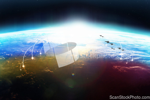 Image of Nuclear missile, earth and war from space, Ukraine and Russia flag with overlay, apocalypse and conflict. Atom bomb, explosion or drone strike with planet, global fight and warzone in aerial view