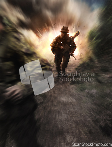 Image of Soldier, military and battlefield with explosion, conflict and combat with army, violence and warrior. Warzone, service or mission with gear, fight or people outdoor, bomb or hero with defence or gun