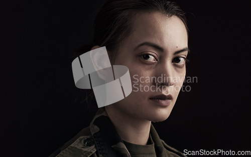 Image of Portrait, soldier and face by black background for mental health with frustration, anxiety and depression. Mockup, Korean veteran and hero with trauma, ptsd and treatment for insomnia for memory