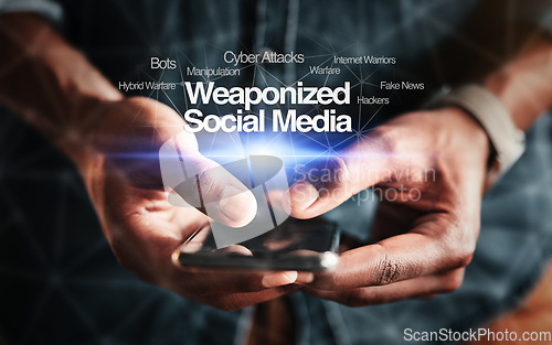 Image of Hands, smartphone and online for crime with security, social media and weapon in closeup on overlay. Black, person and cybercrime for internet, web and defence of attack with technology by hacking