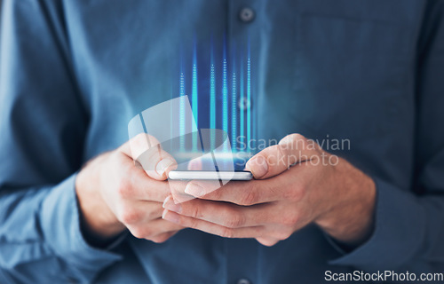 Image of Hands, person and smartphone with hologram, typing and futuristic with connection, social media or metaverse. Closeup, employee or consultant with a cellphone, holographic or digital app with network