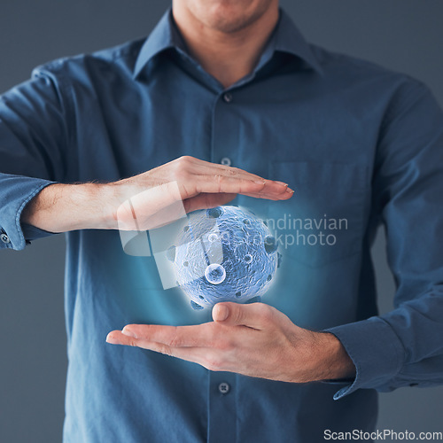 Image of Man, closeup and hologram with virus, healthcare and cure with employee, vaccination and cancer cell. Person, worker and holographic with biotech, futuristic and data analytics on a studio background