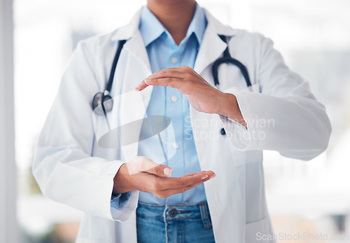 Image of Hands, medical and a doctor with space in the hospital for artificial intelligence or metaverse innovation. Healthcare, future and palm with a medicine professional closeup in a clinic for analysis