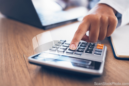 Image of Administration hands, calculator and typing person calculating bookkeeping finance, bank payroll or savings balance. Asset management, closeup math or accountant working on taxes, audit or compliance