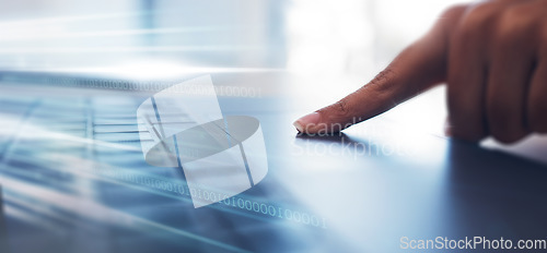 Image of Laptop, finger and person on keyboard with light overlay for online website, data analysis and internet. Futuristic, hologram and hand of worker on computer for research, cybersecurity and networking