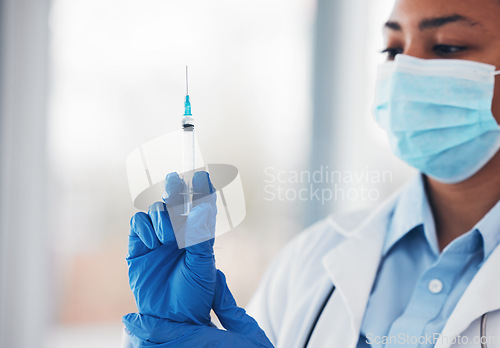 Image of Healthcare, doctor and woman with syringe and mask for injection, medical support and wellness in clinic. Vaccine, professional person and virus cure or pharmaceutical insulin for health with gloves